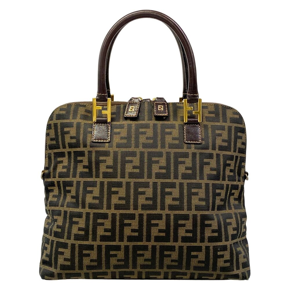 Fendi Zucca Handbag 14967 Dark Brown Black Leather Jacquard Nylon